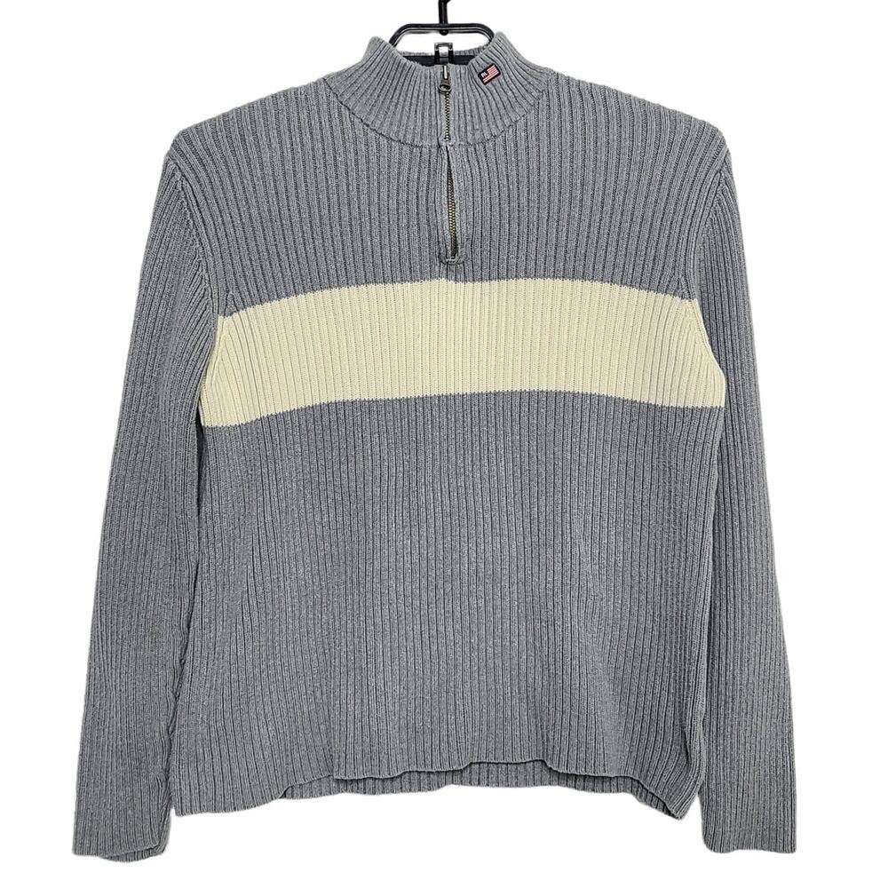 Mens Y2K Polo Ralph Lauren Sweater XL Ribbed Quarter Zip Gray